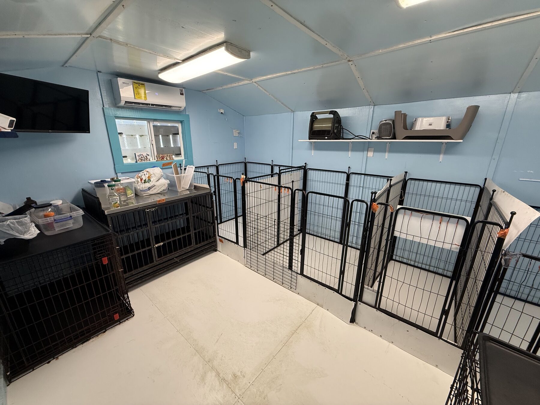 The separate small dog room, air-conditioned with its own pens and crates away from the bigger dogs