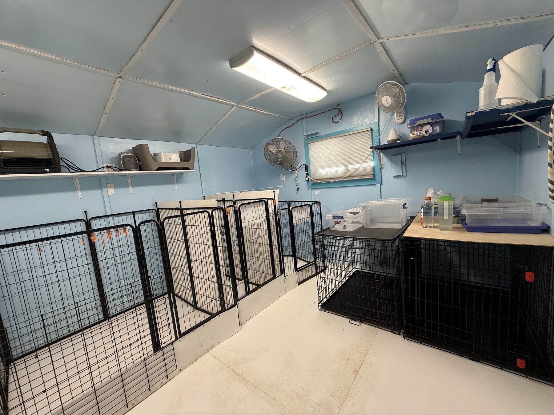 Fans, air conditioning and individual pens in the small dog room, so little ones nap in a quiet space